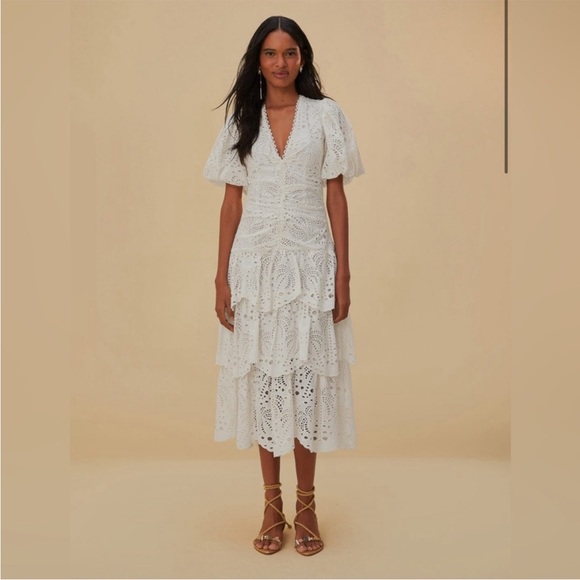 🆕 Farm Rio White Cotton Eyelet Puff Sleeve Midi Dress XXS - Picture 1 of 9
